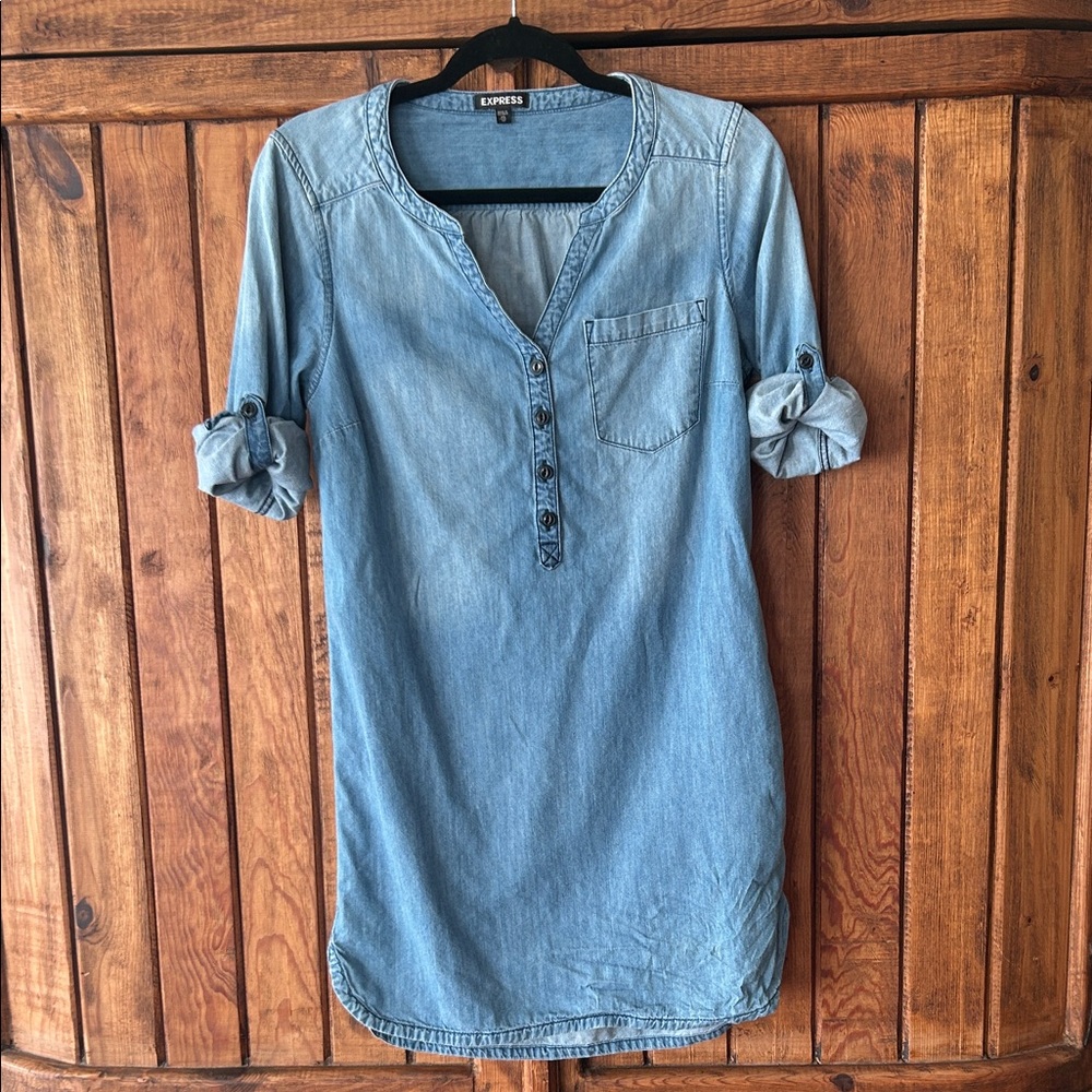 Express Denim Shirt Dress with Button Accents